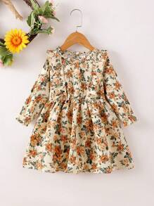 SHEIN 女童花卉印花荷葉邊荷葉邊袖燈芯絨連身裙 - 卡其色 - 查看 1