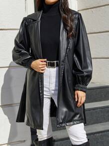 EURMUSE Ladies' Turn-down Collar Tie Belt Pu Jacket - Black - View 1