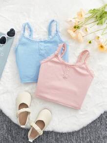 女童针织纯色吊带上衣，带蕾丝边，2 件/套 - 彩色 - 查看 1