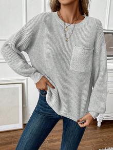 SHEIN Clasi Thả vai Vá Túi Áo len - Màu Xám nhạt - Xem 3