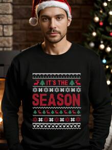 Men Christmas Season Letter Graphic Sweatshirt, Absorbs Sweat - Black - View 1