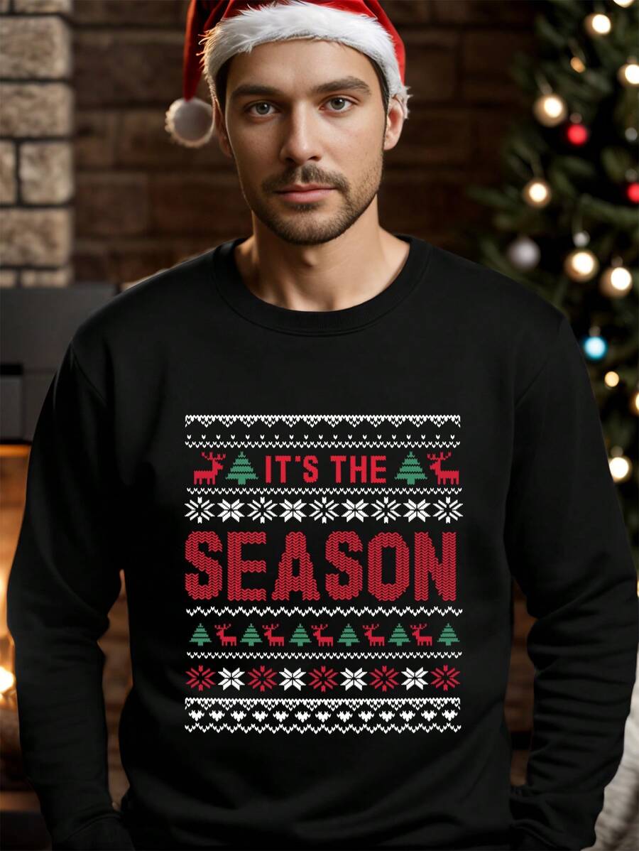 Men Christmas Season Letter Graphic Sweatshirt, Absorbs Sweat - Black - View 1