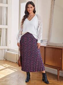 SHEIN Frenchy Kích thước lớn Ren Vá lại Tay Raglan Cổ chữ V Áo len - trắng - Xem 4