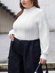 SHEIN Essnce Plus Size Lettuce Trim Texture Fabric T-shirt - White - View 5