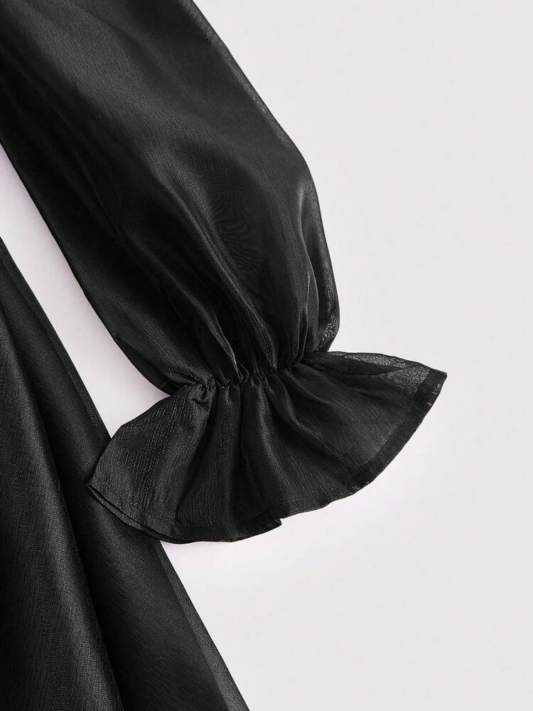 Flare Sleeve Floral Jacquard Asymmetrical Hem Mesh Dress