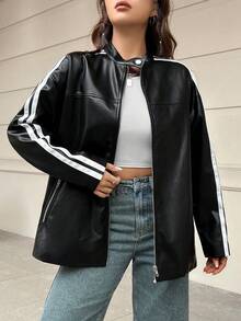 SHEIN EZwear Side Stripe Leather Jacket - Black - View 5