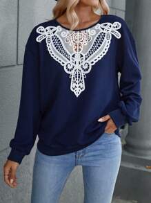 SHEIN LUNE Guipure Lace Insert Drop Shoulder Sweatshirt - Blue - View 1