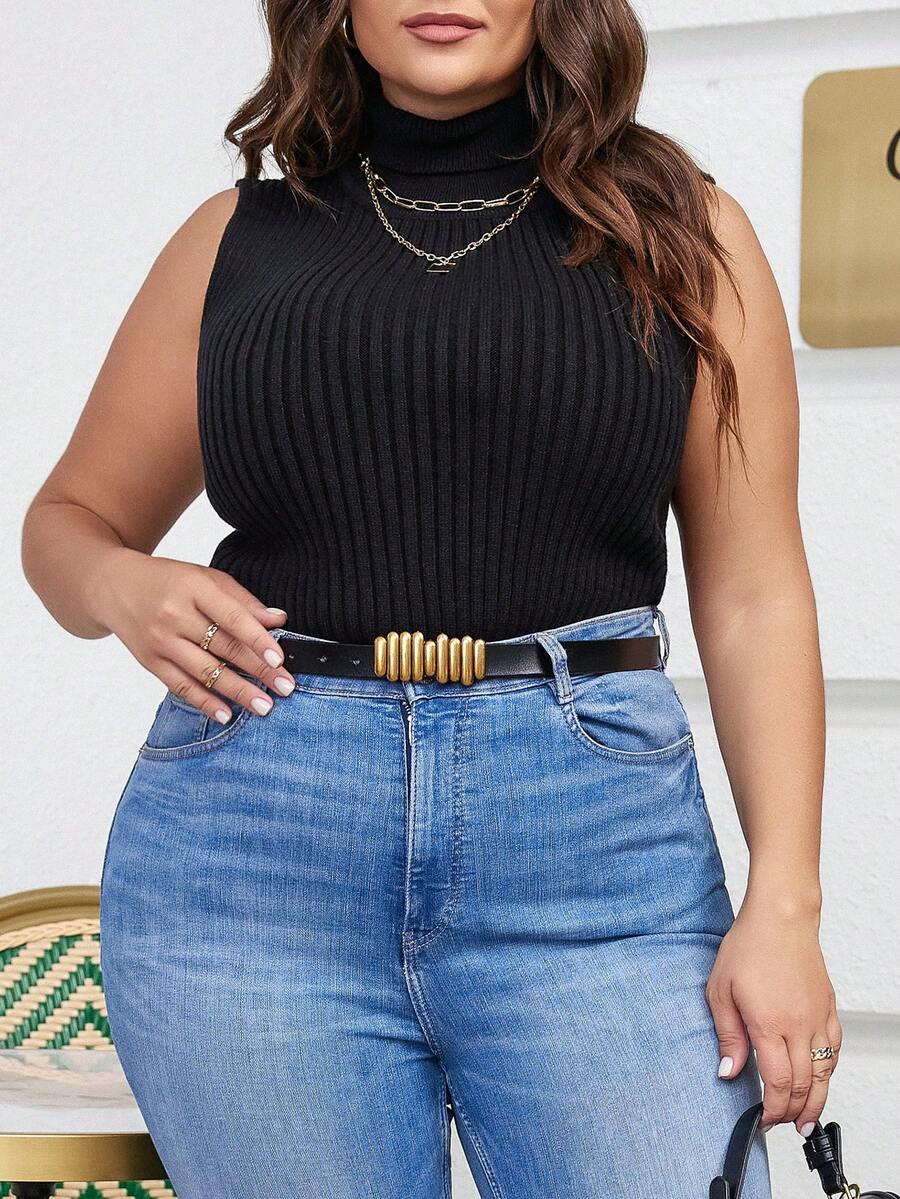 SHEIN Frenchy Kích thước lớn Cổ cao Không tay Áo len - màu đen - Xem 1