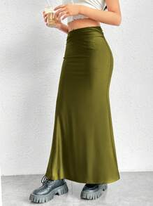 SHEIN EZwear Chất rắn Váy nàng tiên cá - xanh quân đội - Xem 4