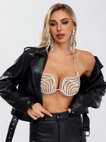 SHEIN Allurite 水鑽裝飾繞頸短上衣 - 銀色 - 查看 5