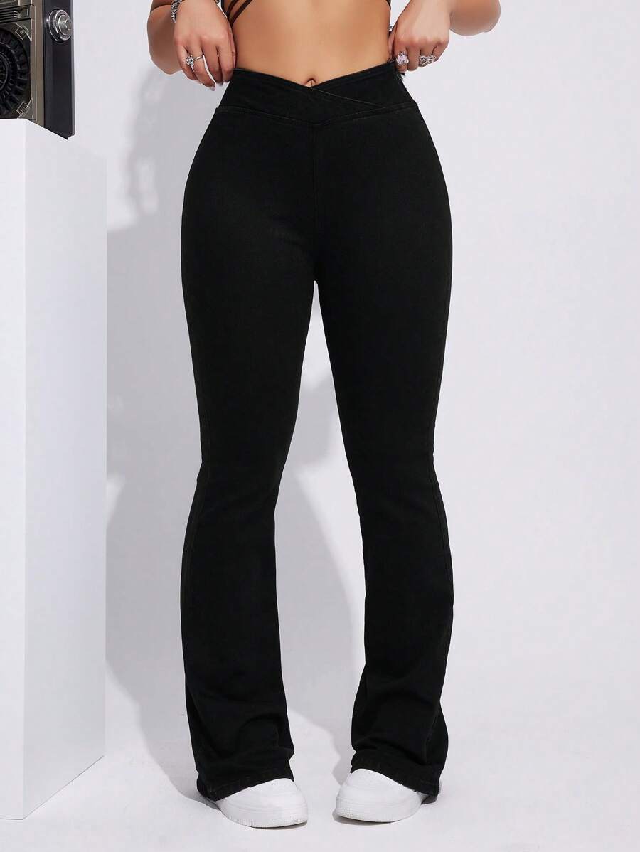 SHEIN EZwear 女款束腰喇叭牛仔褲 - 黑色 - 查看 1