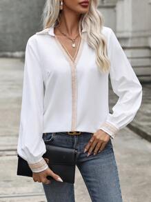 SHEIN LUNE Contrast Trim Lantern Sleeve Blouse - White - View 5