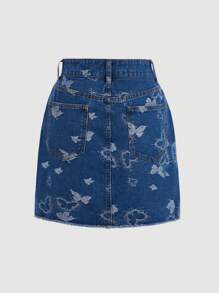 SHEIN MOD 蝴蝶圖案不對稱毛邊牛仔半身裙 - 中等水洗藍 - 查看 2