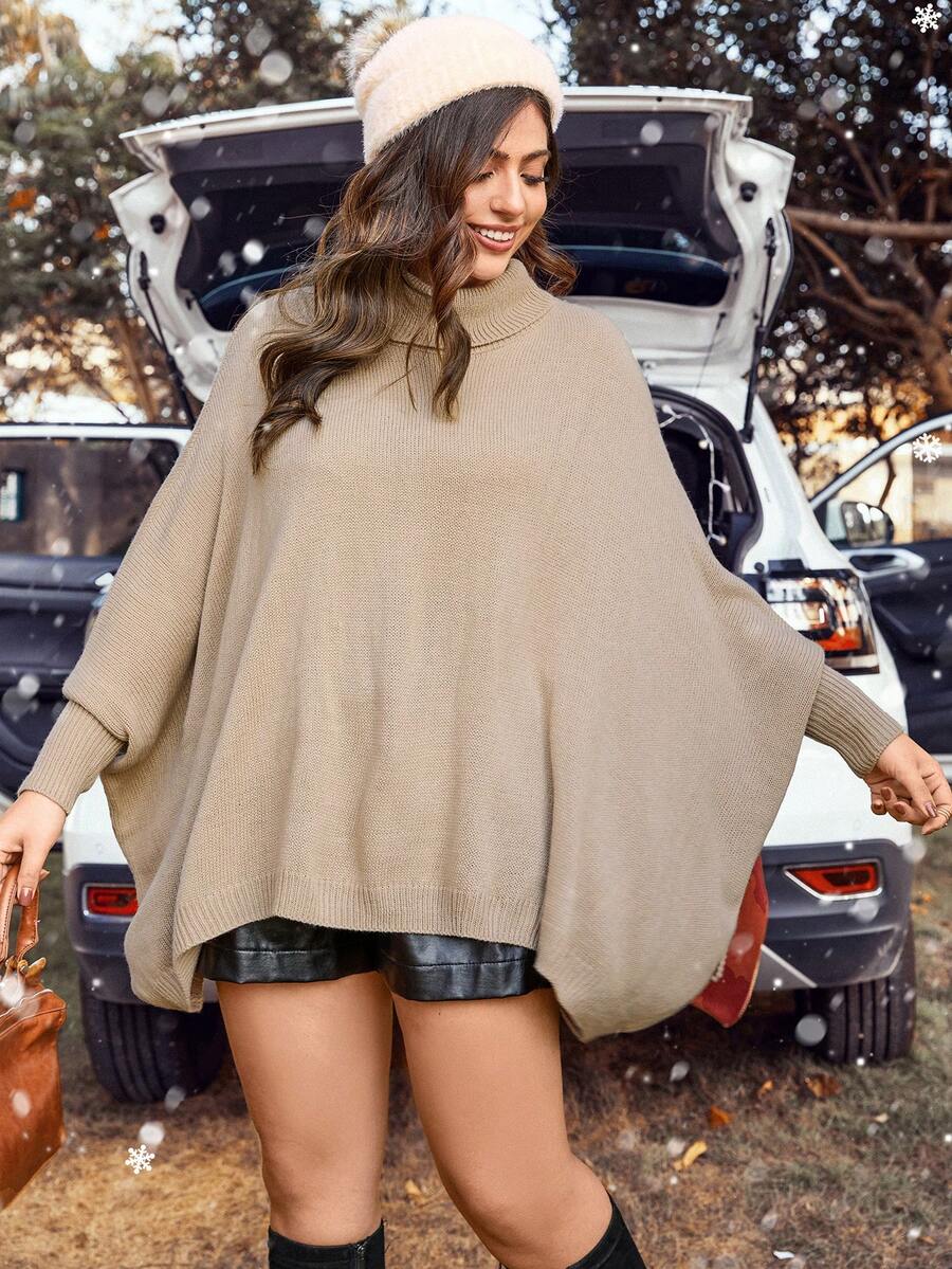 Calvaya 大碼高領蝙蝠袖不對稱下擺斗篷毛衣 - 卡其色 - 查看 1