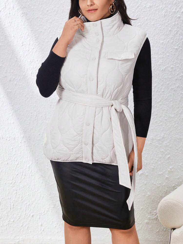 Women's Plus Size Vest-front Padded Coat With Decorative Waist Belt