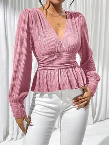 SHEIN Privé 純色燈籠袖褶邊上衣 - 粉色 - 查看 5