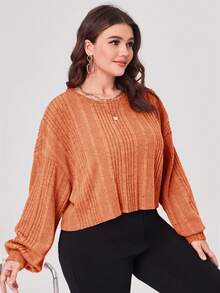 SHEIN Essnce Hơn Thả vai Đồ đan Ribbed Áo thun - trái cam - Xem 4