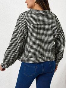 SHEIN LUNE Plus Houndstooth Print Drop Shoulder Flap Detail Jacket - Black and White - View 5