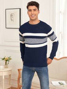 Nam Khối màu Vòng cổ Áo len - Màu xanh lam - Xem 4