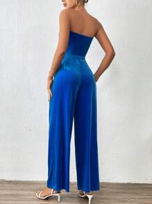 SHEIN Privé Của phụ nữ Màu thuần Áo Bandeau  Và Quần ống rộng Bộ - Màu xanh lam - Xem 4