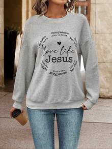 SHEIN LUNE Thả vai Lá thư In Của phụ nữ Áo nỉ - Màu Xám nhạt - Xem 4