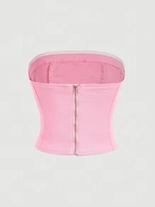 SHEIN MOD 女款無肩帶牛仔上衣 - 粉色 - 查看 2