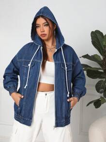 SHEIN EZwear Plus Size Women's Denim Jacket With Hood - Blue - View 4