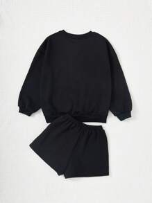 Tween meisje Gebreid Effen kleur Hoodie Met Letterprint En Los Short set