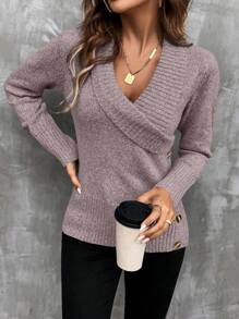 SHEIN LUNE Áo len trơn màu có chi tiết cúc, áo len dài tay kiểu chui đầu mùa thu đông. - Bụi hồng - Xem 4