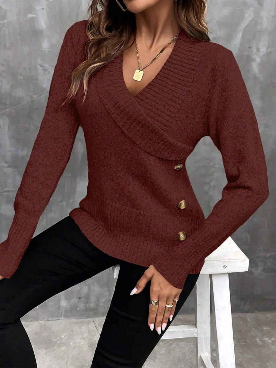 SHEIN LUNE Suéter de punto con botones de moda para mujer, para otoño e invierno - Óxido marrón - Ver 1