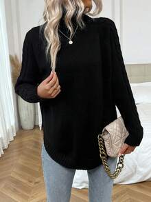 SHEIN LUNE Áo cao cổ Tay Raglan Curved Hem Áo len - màu đen - Xem 3