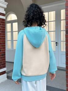 SHEIN EZwear 狗狗&字母圖案插肩袖抽繩連帽衫 - 藍色 - 查看 2