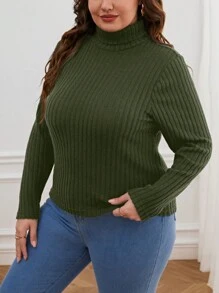 SHEIN Privé Plus Size Women's High Neck Ribbed T-shirt - Army Green - View 3