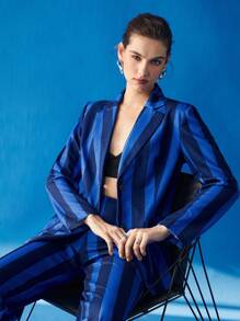 BizChic 條紋圖案前紐扣西裝外套 - 藍色 - 查看 7