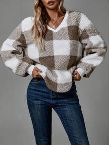 SHEIN LUNE In kẻ sọc Buffalo Thả vai Teddy Áo nỉ - màu nâu - Xem 3