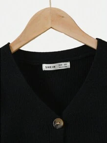 SHEIN Tween Girl Solid Button Front Crop Cardigan  Cropped Cardigan Girls Kids Sweaters For Girls Girls Ribbed Cardigan Tween Cardigan Scalloped Cardigan