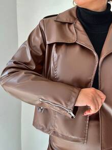 RueChic Women's Plus Size Pu Leather Two-piece Set With Solid Color And Simple Lapel Collar Design - Camel - View 6