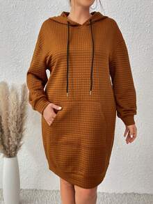 SHEIN Franclia Plus Kangaroo Pocket Drop Shoulder Drawstring Hooded Sweatshirt Dress - Coffee Brown - View 2