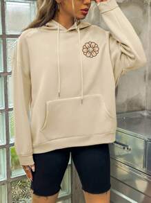 SHEIN EZwear 大码标语印花落肩卫衣 - 杏色 - 查看 2