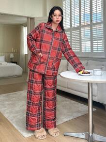 DAZY 2pcs Thickened Grid Patterned Home Wear Set Fall,Winter Christmas,New Year Pajama - Red - View 5