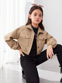 SHEIN 青少女擺蓋口袋pu皮夾克 - 卡其色 - 查看 3