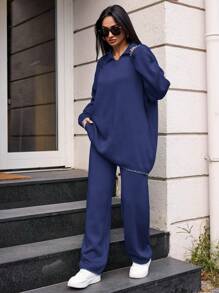 SHEIN Cottnline Women's Oversized Collar Drop Shoulder Sweater And Sweater Pants Two Piece Set - Navy Blue - View 3