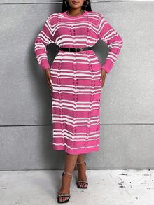 Celure Plus Striped Pattern Sweater Dress - Hot Pink - View 8