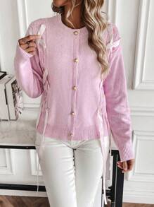 SHEIN LUNE Lace Up Front Drop Shoulder Cardigan - Pink - View 6