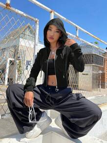 SHEIN EZwear 拉鍊&抽繩連帽短版運動衫 - 黑色 - 查看 6