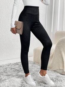 SHEIN LUNE Solid Thermal Leggings - Black - View 4