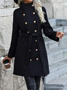 SHEIN Clasi Double Breasted Belted Overcoat - Black - View 7