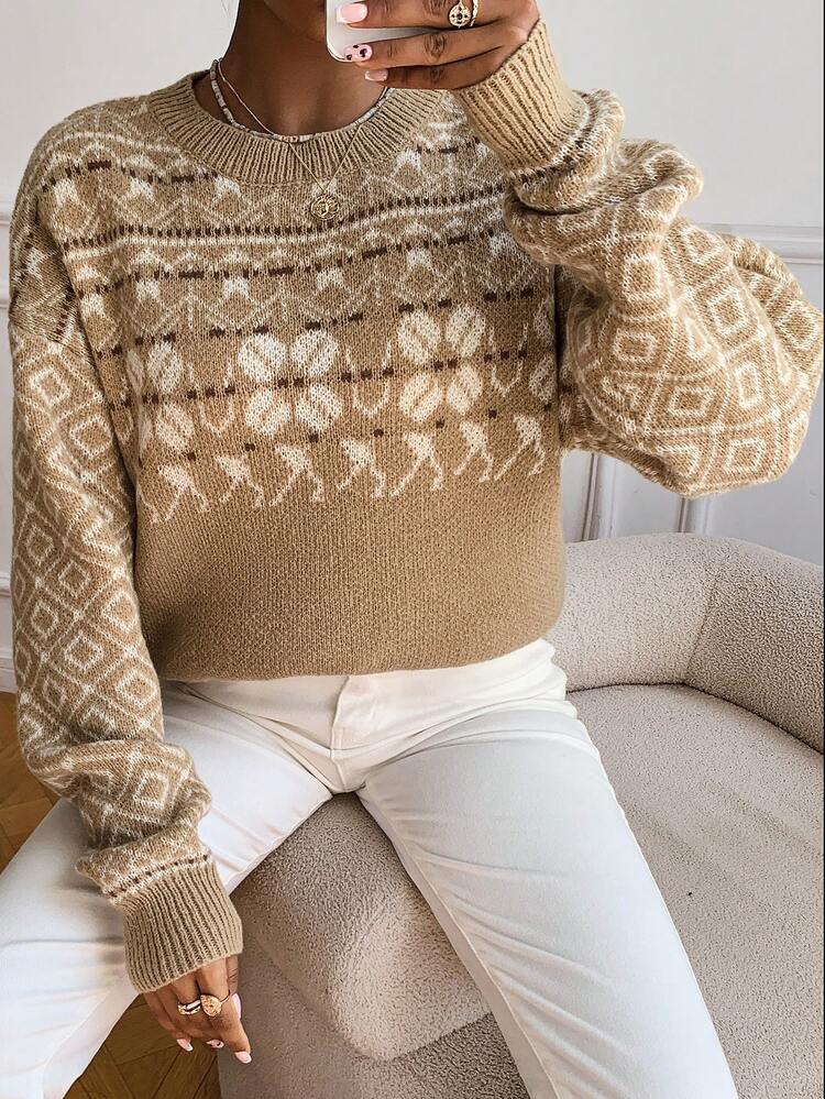 Geo Pattern Drop Shoulder Knit Pullover Fall Winter Sweater