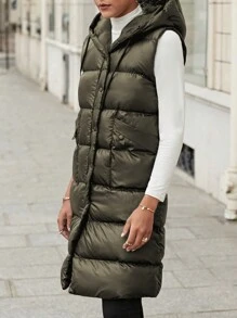 RueChic Drawstring Hooded Vest Padded Jacket - Khaki - View 5
