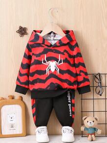 嬰兒男孩蜘蛛圖案連帽衫和字母圖案長款長褲套裝 - 紅色 - 查看 1